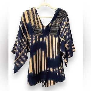 FREE PEOPLE X One Teaspoon | Blue Tie Dye Muslin Romper Embroidered Bell Sleeve